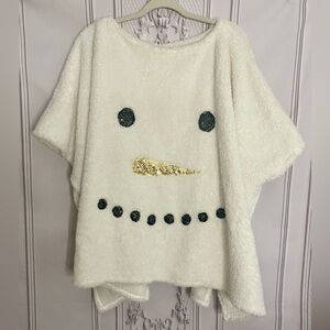 Cozy White Snowman Poncho Sequin Holiday Pullover One Size